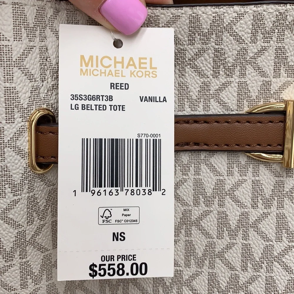 MICHAEL KORS  Reed Large BELTED Logo Tote Bag VANILLA BROWN SIGNATURE COLOR